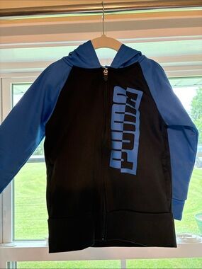 Puma Black and Blue Full-Zip Hoodie with Vertical Logo